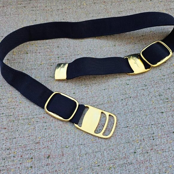 Salvatore Ferragamo Women Belt Navy Blue Canvas Gold Tone Hardware Italy Size S